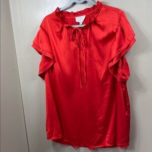 Flower & Feather Red Satin Ruffle Blouse Coquette Romantic Flutter Sleeve Top 3X